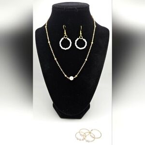 Set of Pearl Necklace Dangle Earrings and Rings (Set 2)